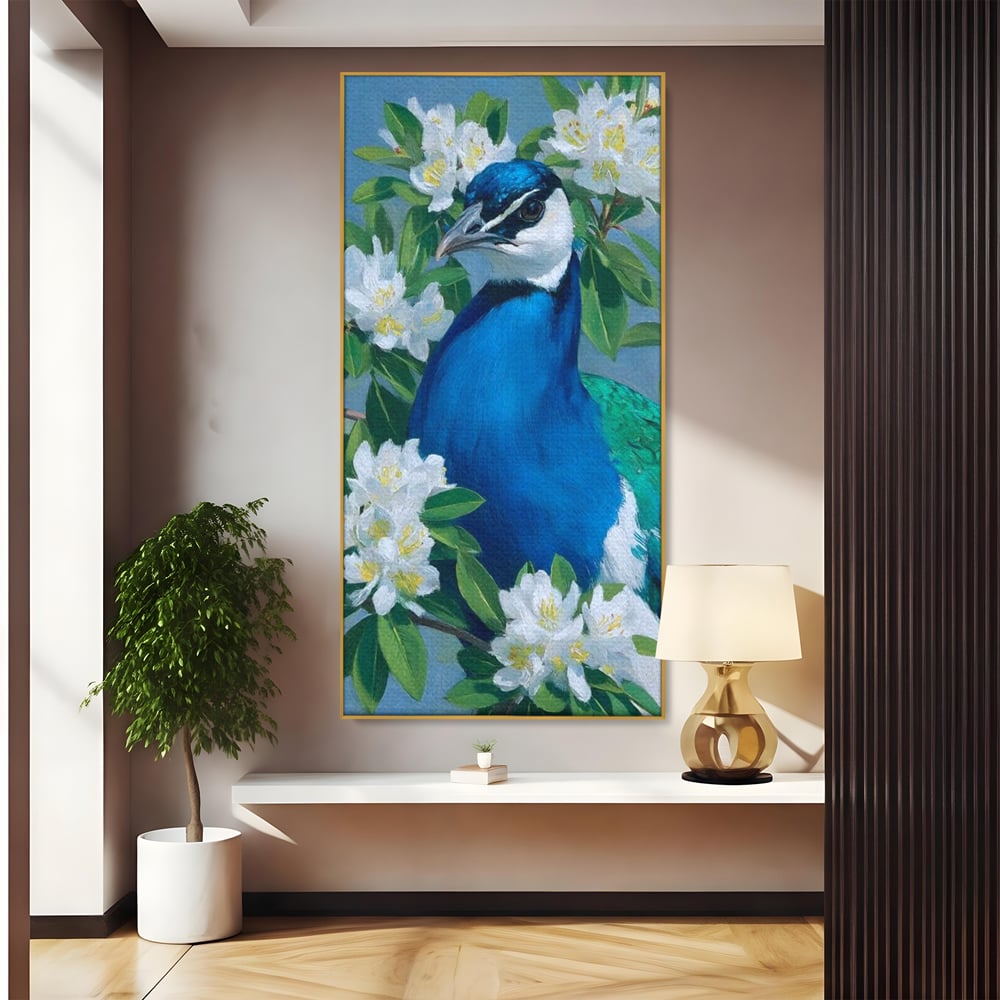 Tablou canvas cu tablou canvas cu paun si flori albe, in rama de aluminiu auriu